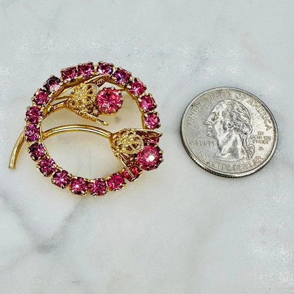 Vintage Pink Glass Brooch Pin Prong Set Rhinestones  Circle Flower Bud C… - Picture 4 of 9